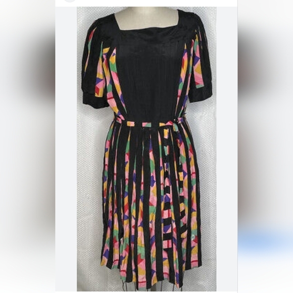 Vintage Albert Nipon womens square neck silk midi dress multicolour pleated 8 - Picture 1 of 14